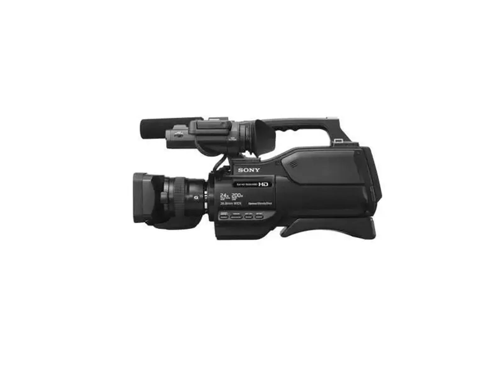 Sony HXR-MC2500, camcorder bahu dengan mikrofon shotgun terpasang.