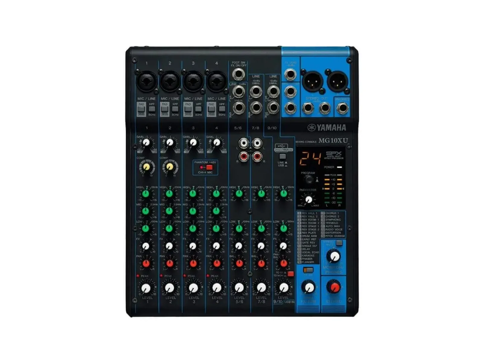 Yamaha MG10XU, mixer audio sepuluh kanal dengan empat preamp mikrofon dan efek digital SPX.