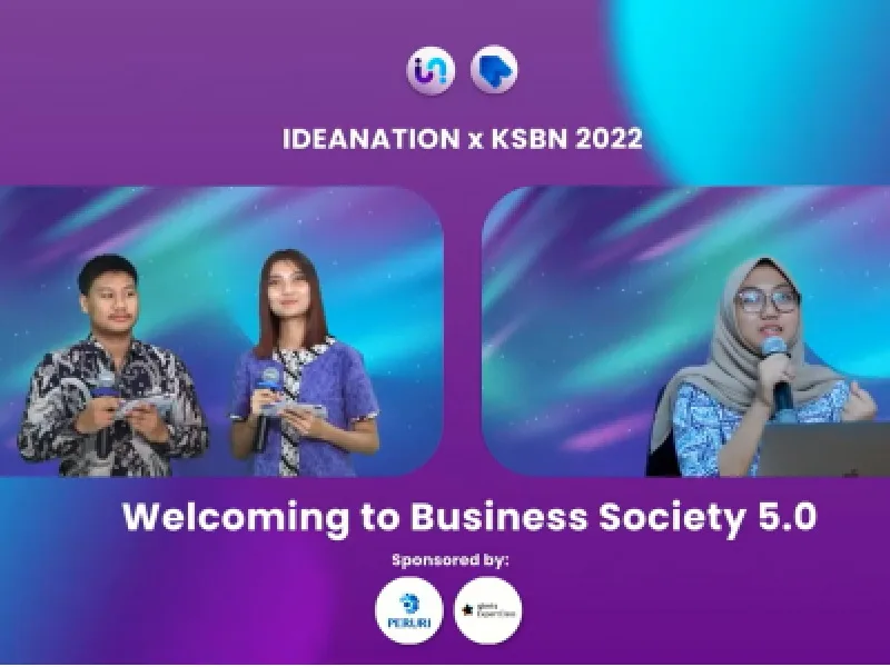 Tangkapan siaran IDEANATION × KSBN 2022 "Welcoming to Business Society 5.0" — tiga pembicara dalam dua kotak split-screen dengan latar gradien ungu.