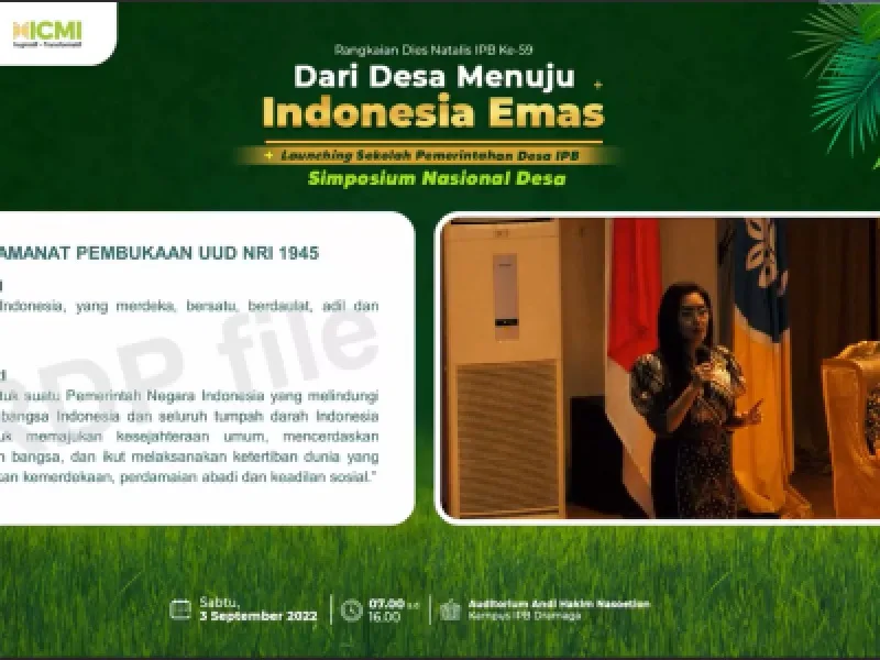 Tangkapan siaran Simposium Nasional Desa, Dies Natalis IPB ke-59 — pembicara di podium auditorium dengan bingkai grafis acara.