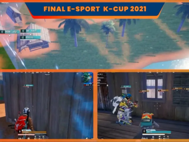 Tangkapan siaran Final E-Sport K-CUP 2021 — tiga feed permainan pemain ditampilkan bersamaan dalam satu layar.